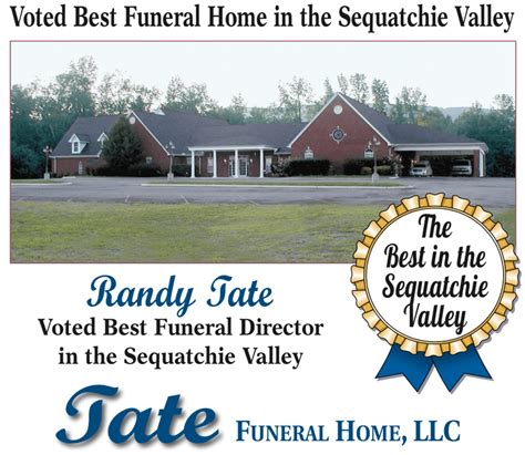 Funeral arrangements are entrusted to Tate Funeral Home, LLC, 950 Mel Dixon Lane, Jasper, Tennessee 37347, 423-942-9500. . Tate funeral home jasper tn